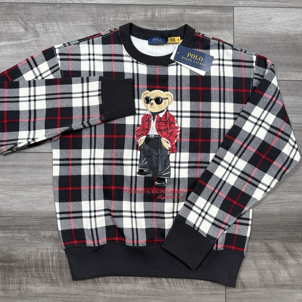 Polo Ralph Lauren Women's Polo Bear Plaid Sweatshirt Black Size XS NWT - Picture 2 of 11